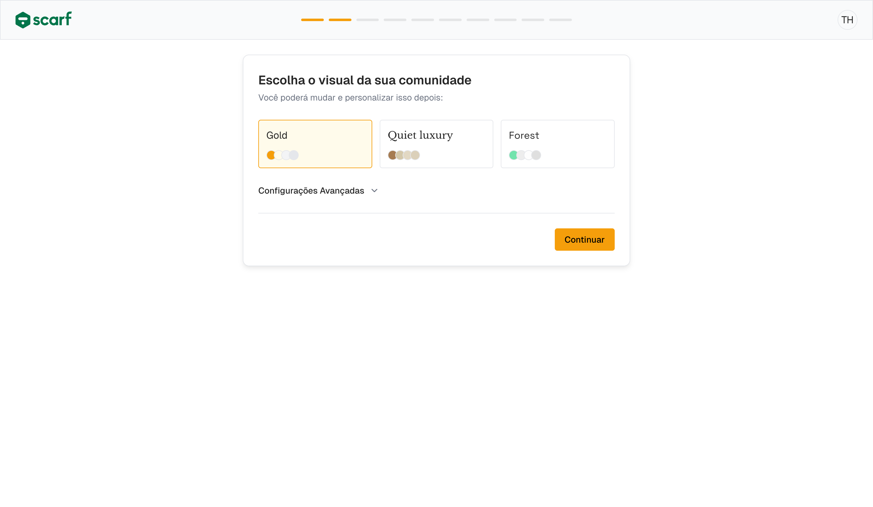 Tema Gold selecionado como exemplo