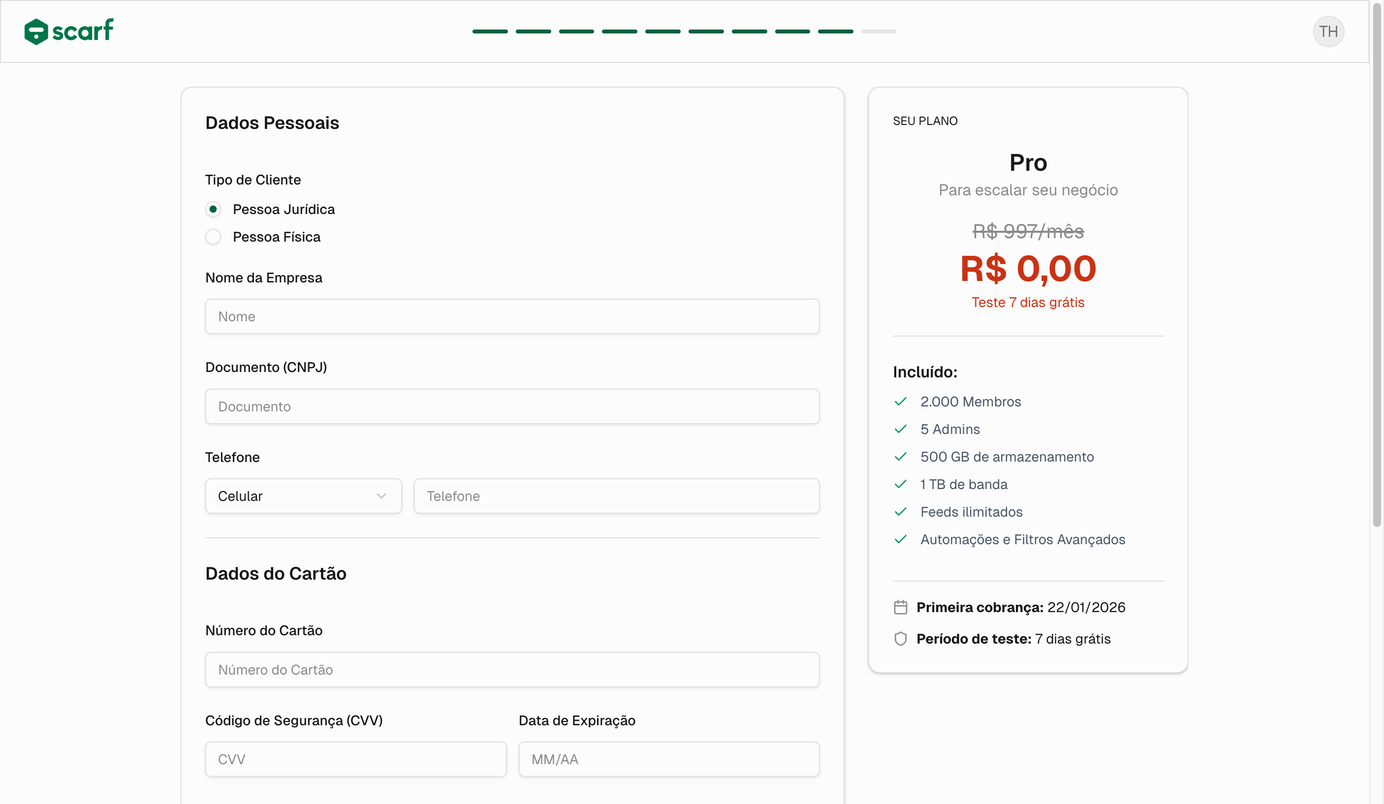 Tela final de checkout com resumo do plano