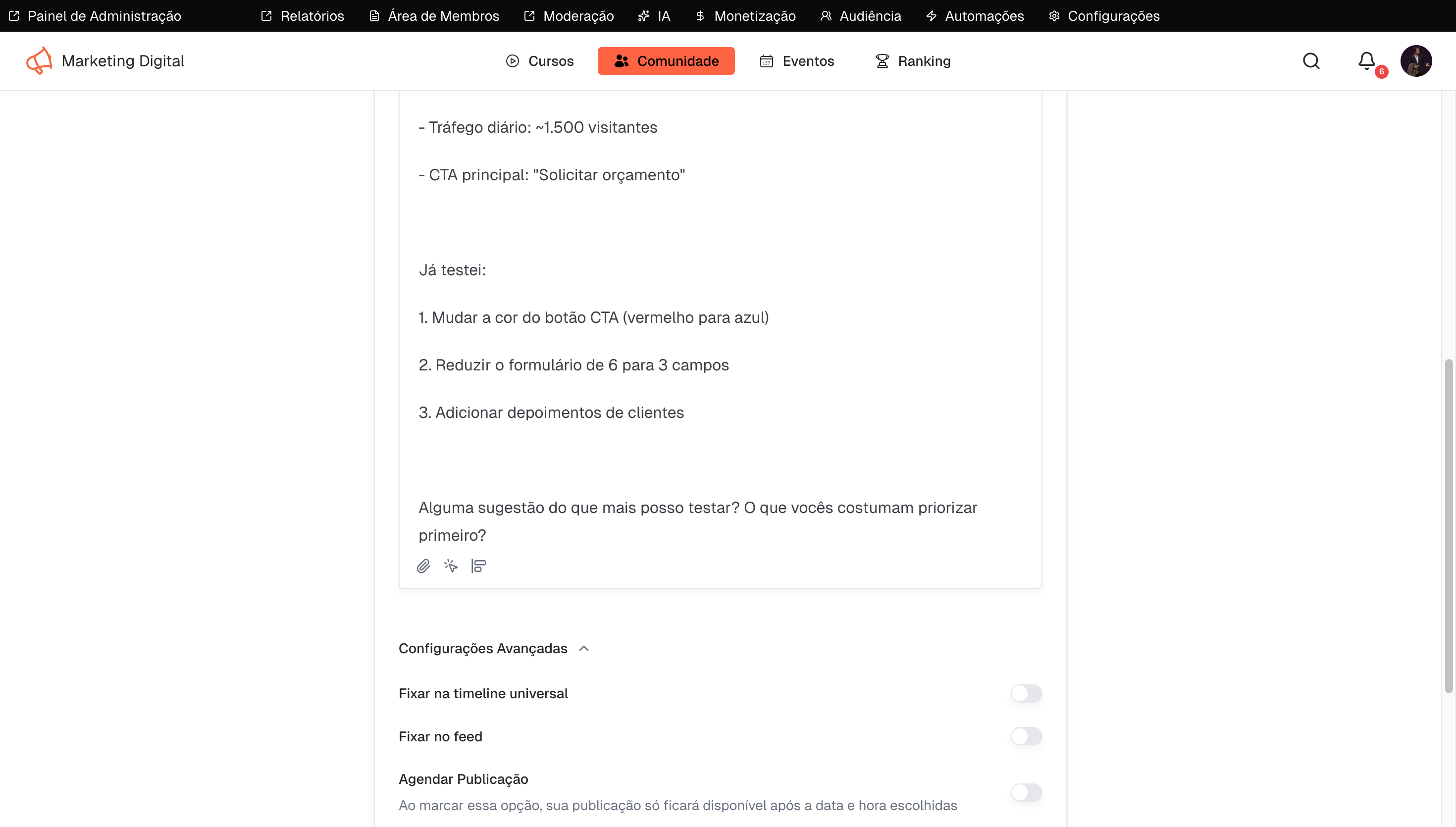 Configurações avançadas expandidas