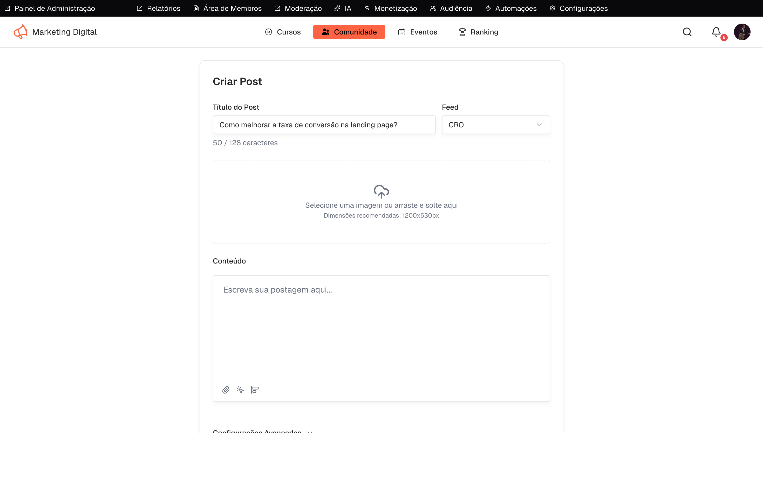 Dropdown de Feed selecionado como CRO